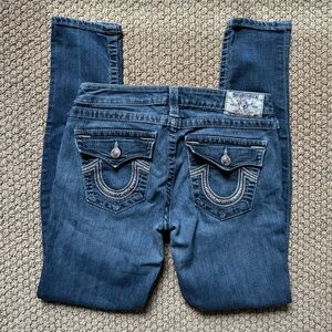 A15- True Religion World Tour Skinny jeans sz 29 with 30" Flap Button Pockets